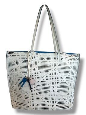 Dior Women’s White Perforated Tote Bag with Blue Interior
